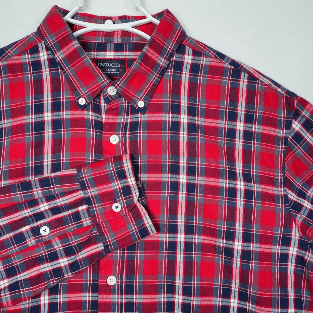 UNTUCKit Mens XL Long Sleeve Plaid Button Down Shirt Red Navy Blue Cotton